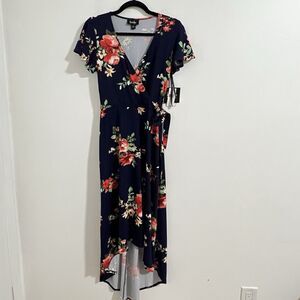 By & By Maxi Dress Size S Blue Floral Low High Faux Wrap Wedding Cottage Tea